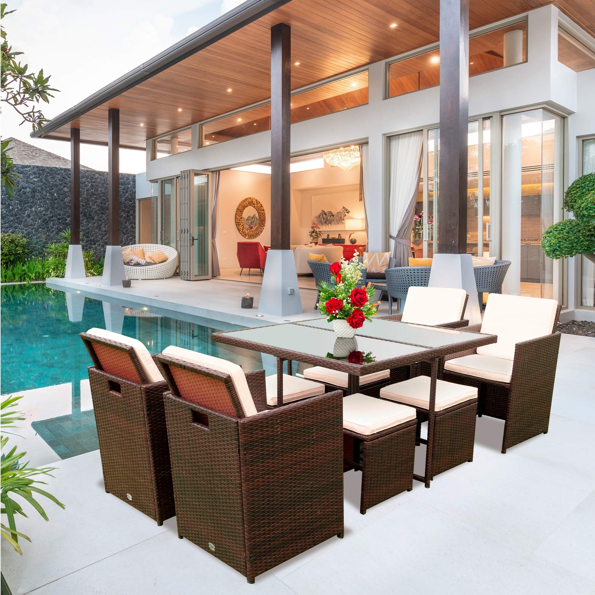 9-Piece Patio Dining Set - Space-Saving Rattan Chairs with Tempered Glass Table, Cushioned Seating & Backrest - Outdoor Furniture for Garden, Deck, Poolside & Backyard Conversations