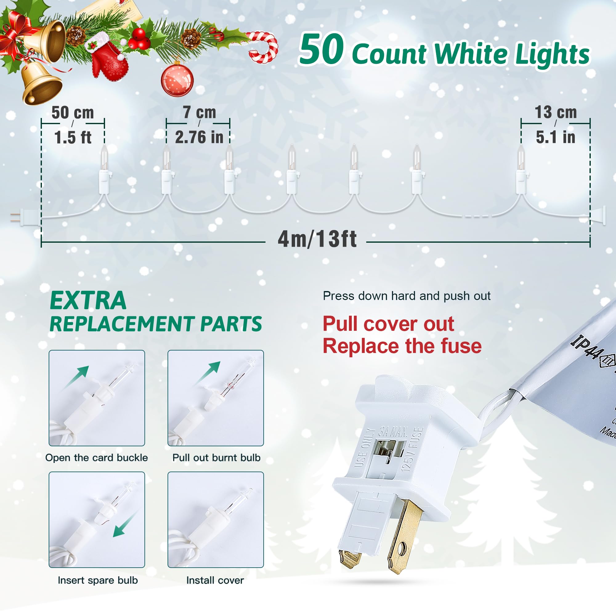 HEYFUNi 50-Count Clear Christmas Lights Set - 13 Feet White Wire Mini String Lights for Christmas Tree, Holiday Garland, Party & Wedding Decorations | Indoor & Outdoor Xmas Decor