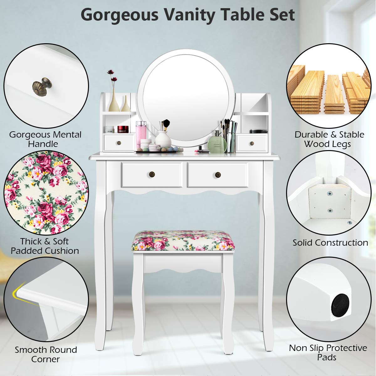 Charmaid Vanity Set with 4 Storage Shelves & 4 Drawers, Makeup Dressing Table with 360° Swivel Mirror, Cosmetic Organizers & Cushioned Stool - White Vanity Desk for Women & Girls | Perfect for Bedroom, Bathroom & Dressing Room Organization