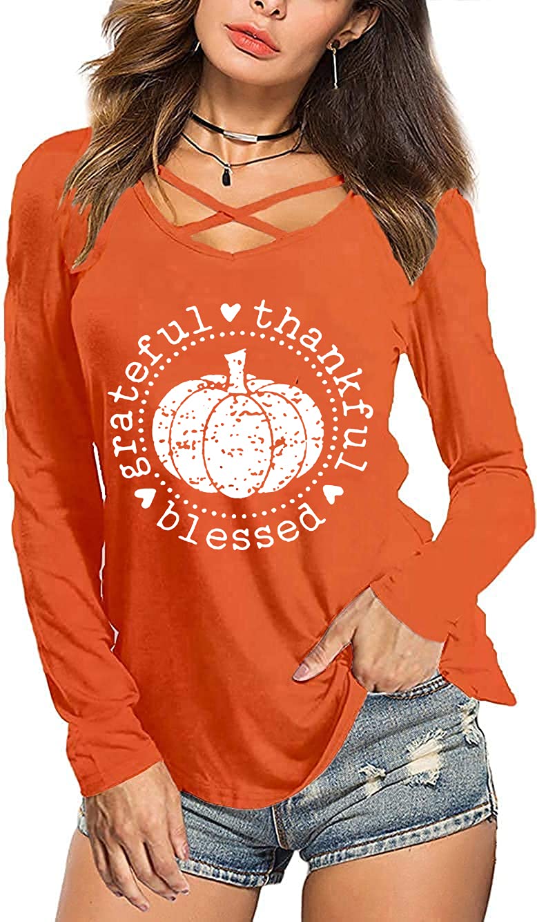 Women's V-Neck Criss-Cross Halloween Pumpkin Print Long Sleeve T-Shirt | Cute Ghost Design Fall Outfit for Parties, Cosplay & Spooky Season