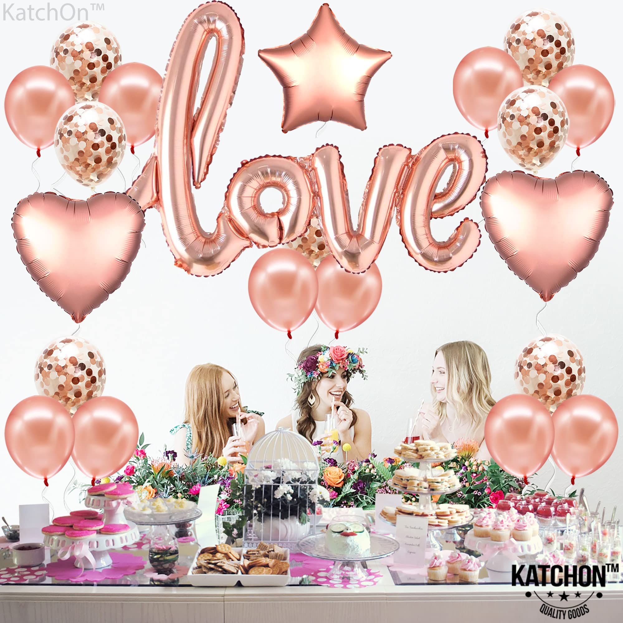 KatchOn 36 Inch Rose Gold Love Balloon Letters Set - Pack of 21, Blush Pink Foil Balloons with Confetti for Engagement, Anniversary & Wedding Decorations | Romantic Party Backdrop, Photo Booth Props, Valentine's Day Celebration