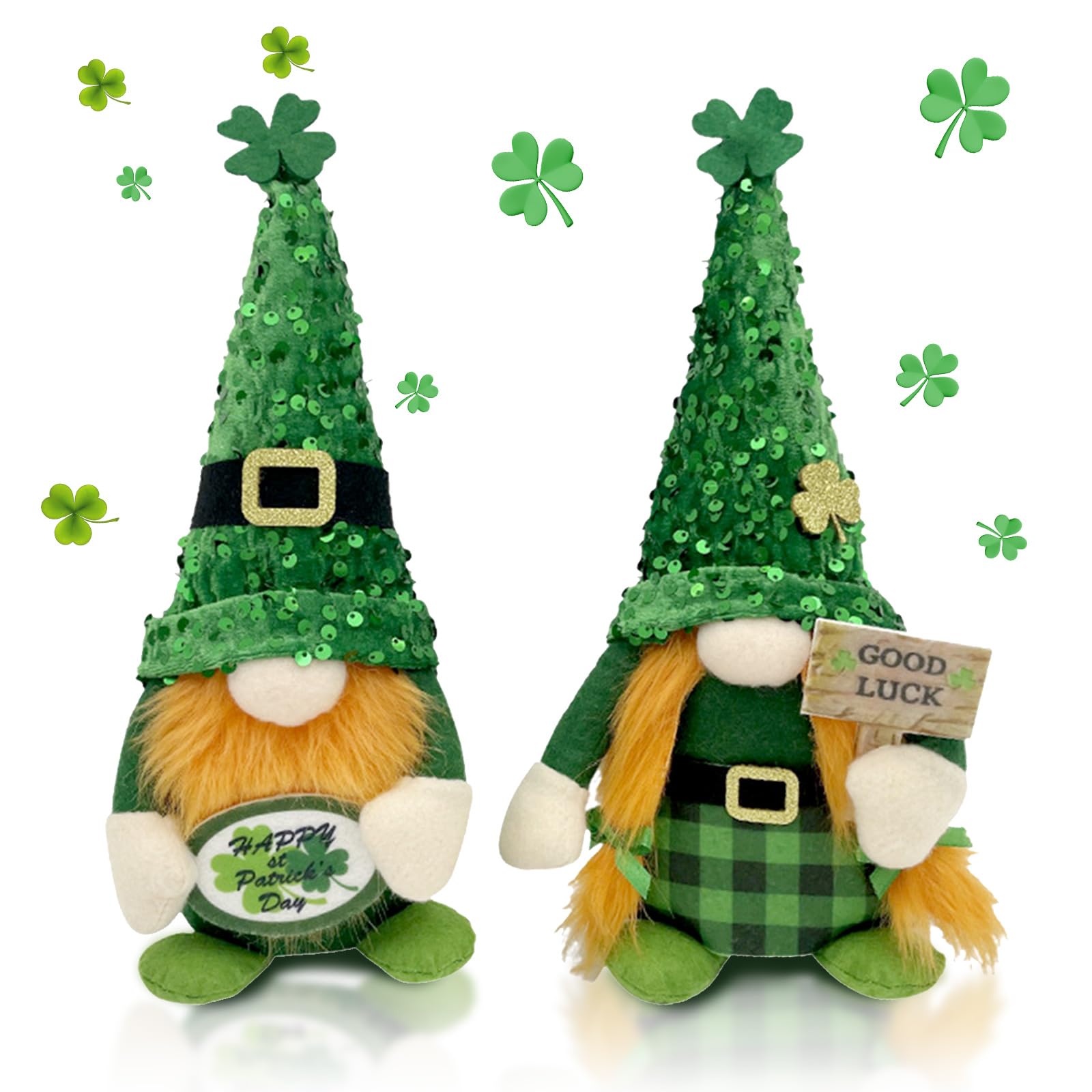 2PCS St. Patrick's Day Gnome Plush Dolls - Green Glitter Leprechaun Shamrock Decorations for Home, Office & Party | Perfect St. Patrick's Day Gifts & Irish-Themed Decor