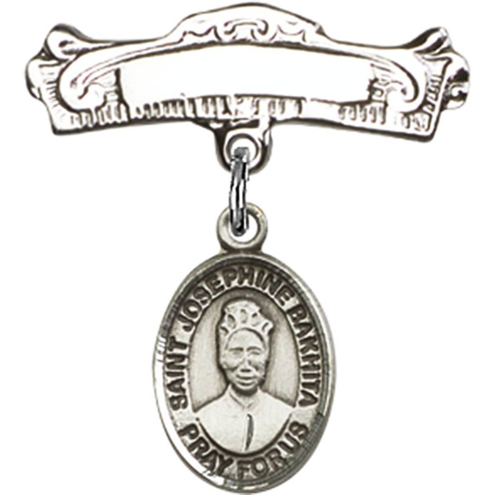 St. Josephine Bakhita Sterling Silver Baby Badge Charm - 7/8 X 7/8 Inch Arched Polished Pin for Christening, Baptism & First Communion Gifts