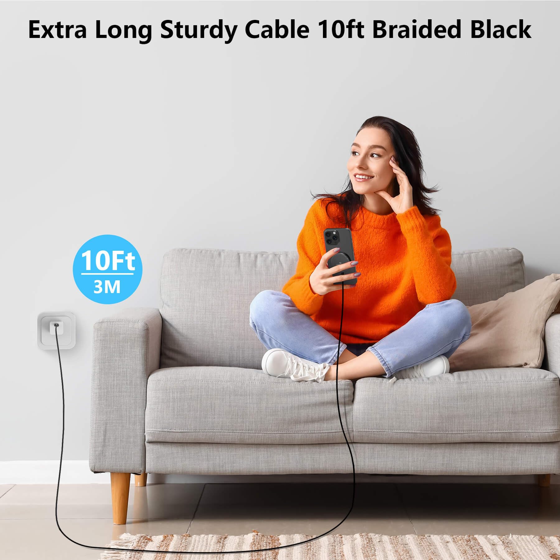 ZeroLemon 10ft Magnetic Wireless Charger - Magsafe Compatible Fast Charging Pad with Extra Long Braided Cable for iPhone 16 Pro Max/16/15/14/13/12 Series & AirPods (Black) | Perfect for Bedside, Office & Car Charging