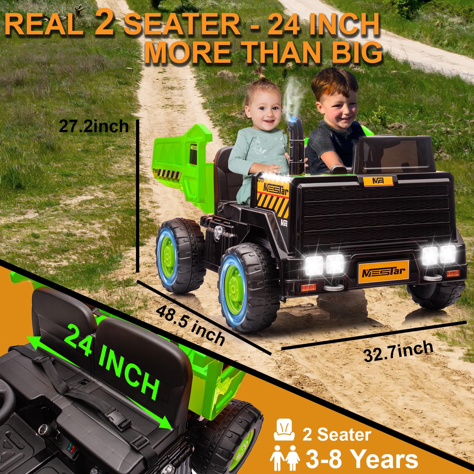 24V 2 Seater Kids Ride On Dump Truck with Remote Control - 4WD/2WD Electric Toy Car for Big Kids (5 MPH Max Speed) - Includes Dump Bed, Shovel & Traffic Cones - Perfect for Outdoor Play & Construction Pretend Play (Green)
