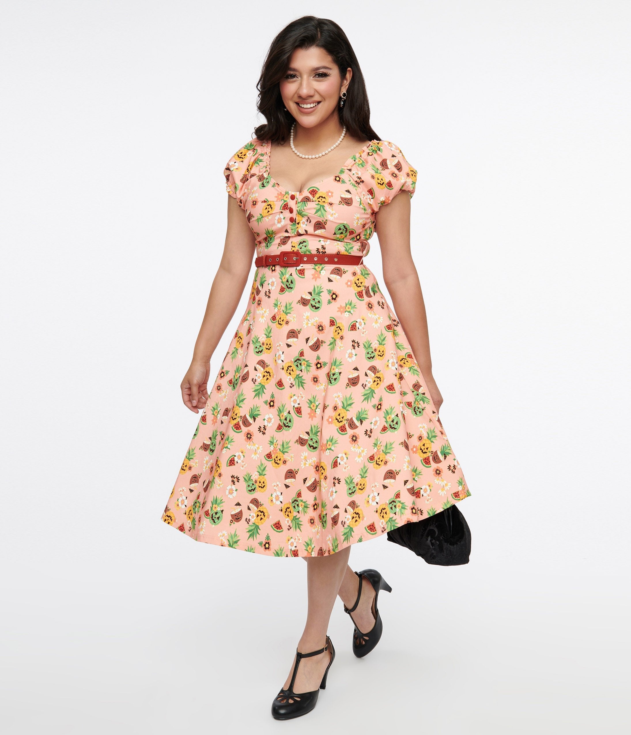 Vintage 1950s Pink Jack O' Lantern Swing Dress - Retro Halloween Costume & Party Outfit for Women - Perfect for Swing Dancing, Halloween Parties & Vintage-Themed Events
