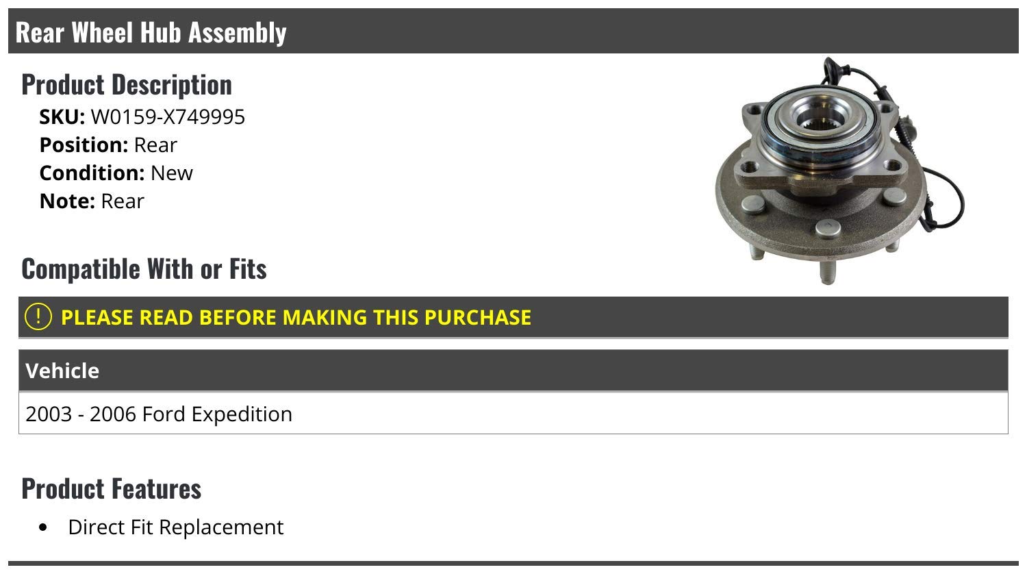 Rear Wheel Bearing Hub Assembly for 2003-2006 Ford Expedition - Durable Replacement Part for Smooth & Quiet Ride - Perfect for Off-Roading, Towing & Daily Commuting
