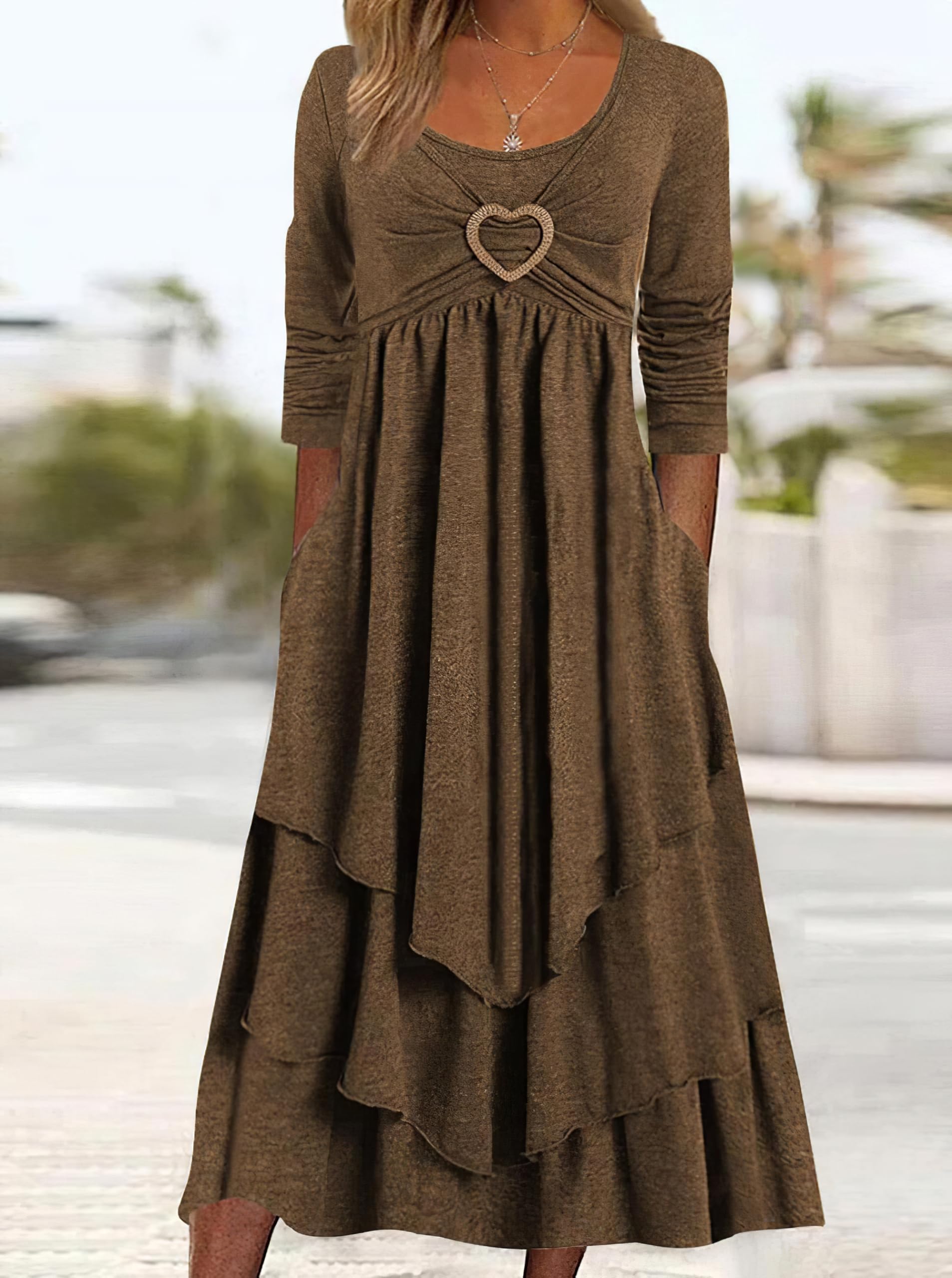 Elegant Plus Size Women's Fall Maxi Dress with Long Sleeves, Tiered Design & Pockets - Perfect for Wedding Guest, Casual Outings & Autumn Events