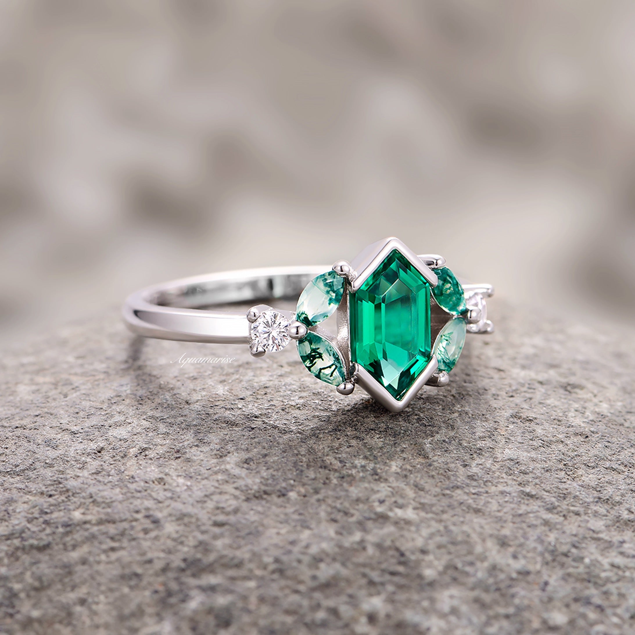 Hexagon Emerald & Moss Agate Leaf Ring - Sterling Silver Jewelry for Women, Nature-Inspired Bohemian Style, Perfect for Weddings & Everyday Wear