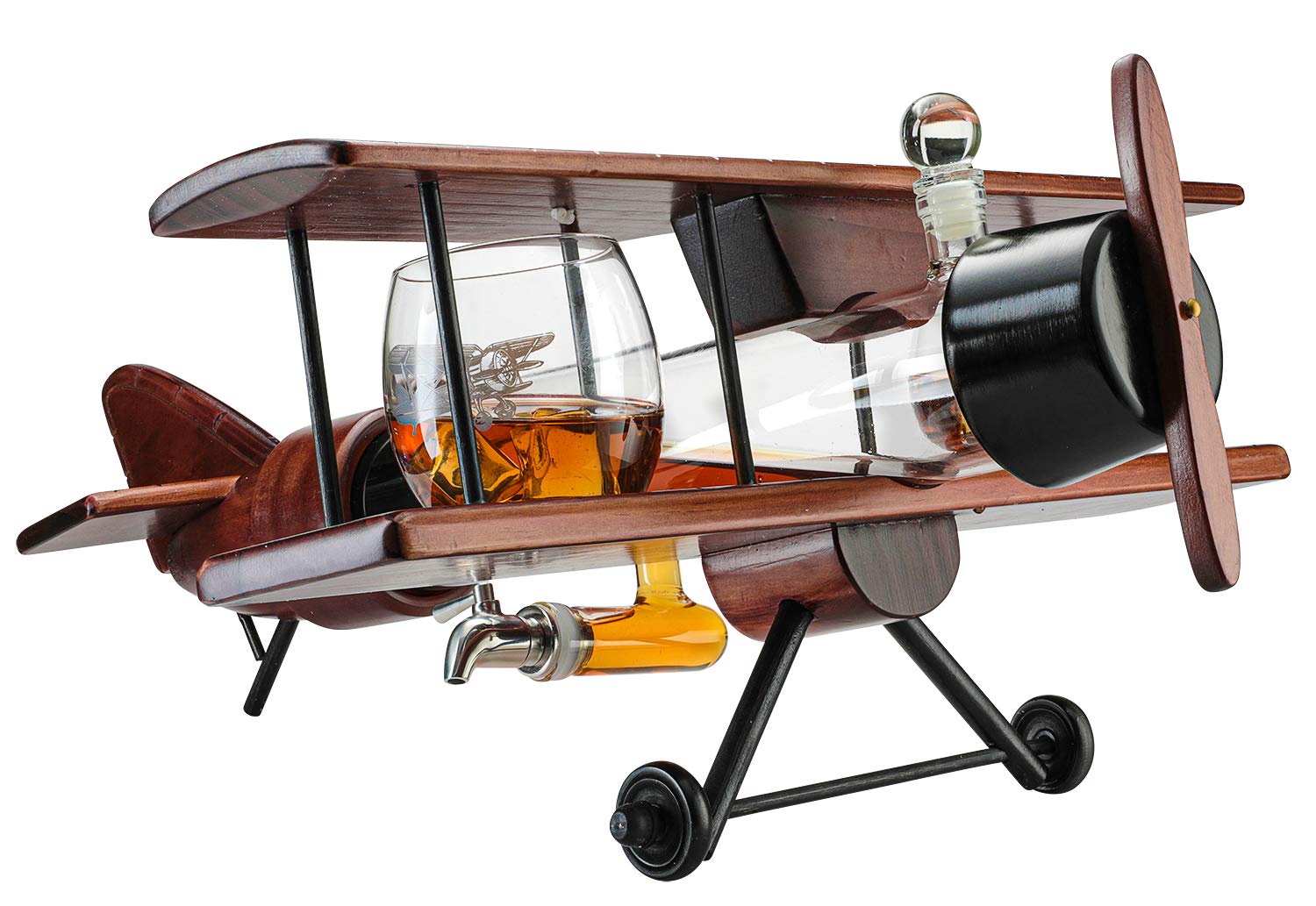 Vintage Wooden Airplane Whiskey & Wine Decanter Set with 2 Glasses - Unique Pilot Gift with Moving Parts, Large 21