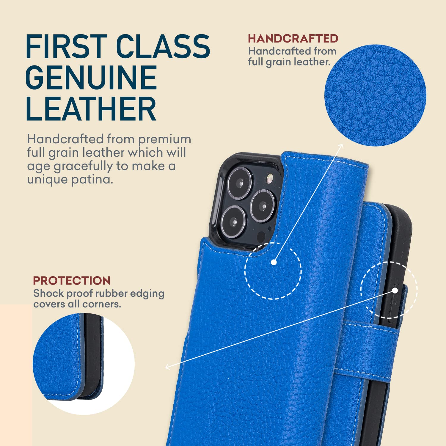 Premium Full Grain Leather iPhone 13 Pro Case with Magnetic Wallet & Kickstand - Detachable Flip Cover with Card Slots | MagSafe Compatible | Royal Blue | Perfect for Business Travel & Everyday Use