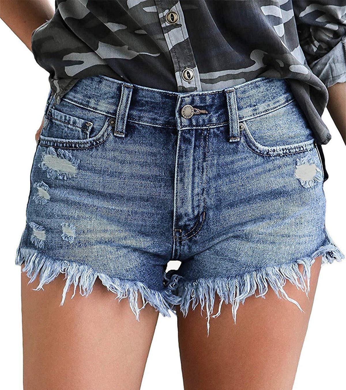 OnlyPuff Women's Casual Ripped Mid Waist Denim Shorts with Pockets - Perfect for Summer Outfits, Beach Vacations & Street Style Fashion