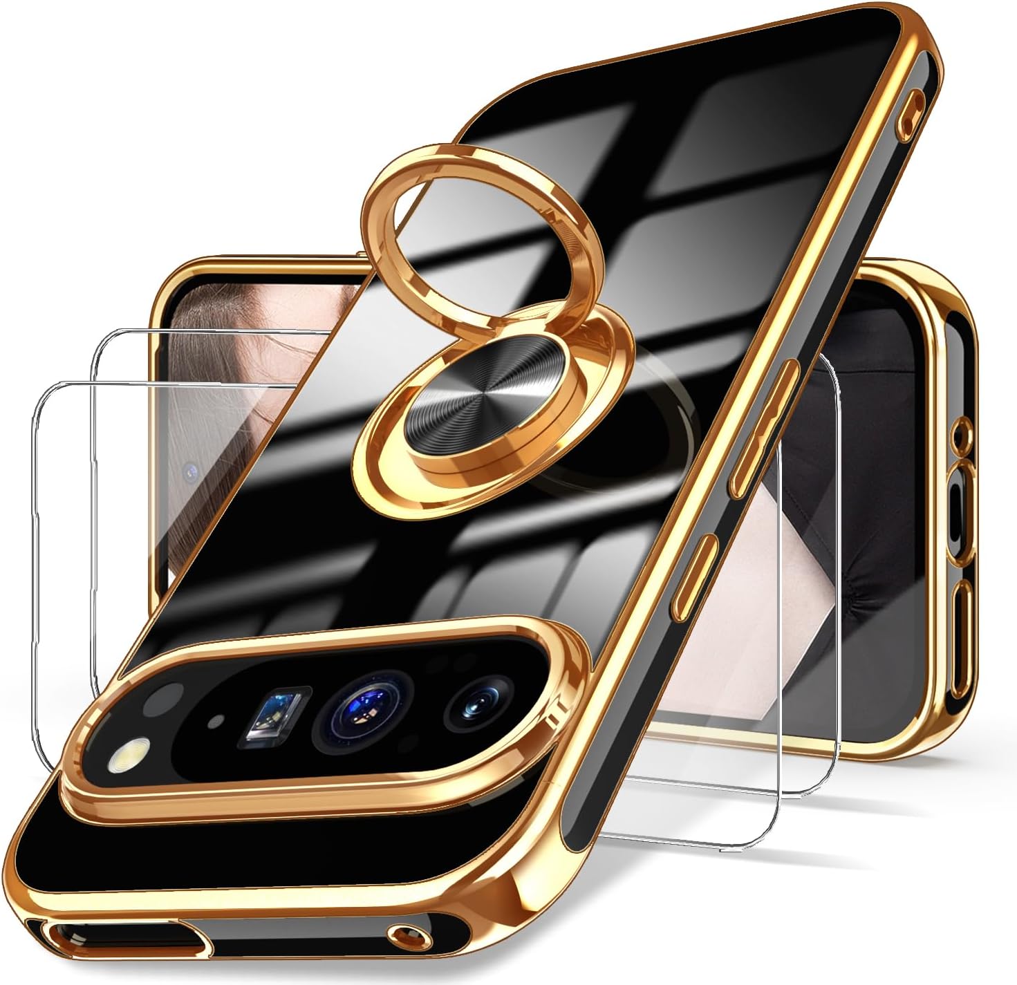 Google Pixel 9 Pro Case with 2X Tempered Glass Screen Protector - 360° Rotatable Ring Stand Protective Cover (Black) | Perfect for Work, Travel & Everyday Use