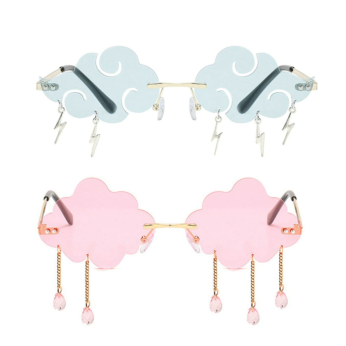2PCS Cloud Sunglasses with Raindrop Design - Trendy Lightning Shape & Tassel Detail for Women & Men | Perfect for Summer Beach, Music Festivals & Fashion Accessories