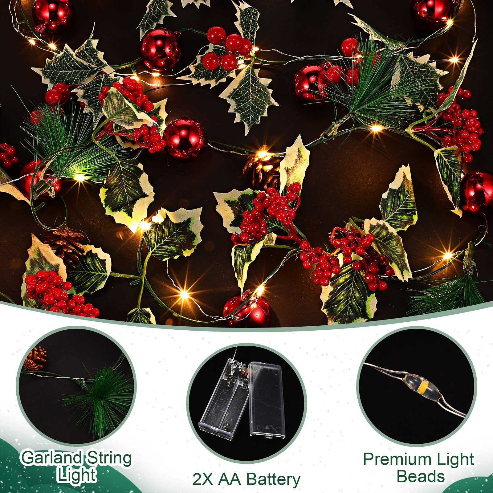 2 Pack 6.6ft Battery Operated Christmas Garland Lights with Pinecones & Red Berries - Waterproof Fairy String Lights for Indoor Outdoor Xmas Tree, Party, Mantel, Window, Door Decorations (Warm White)