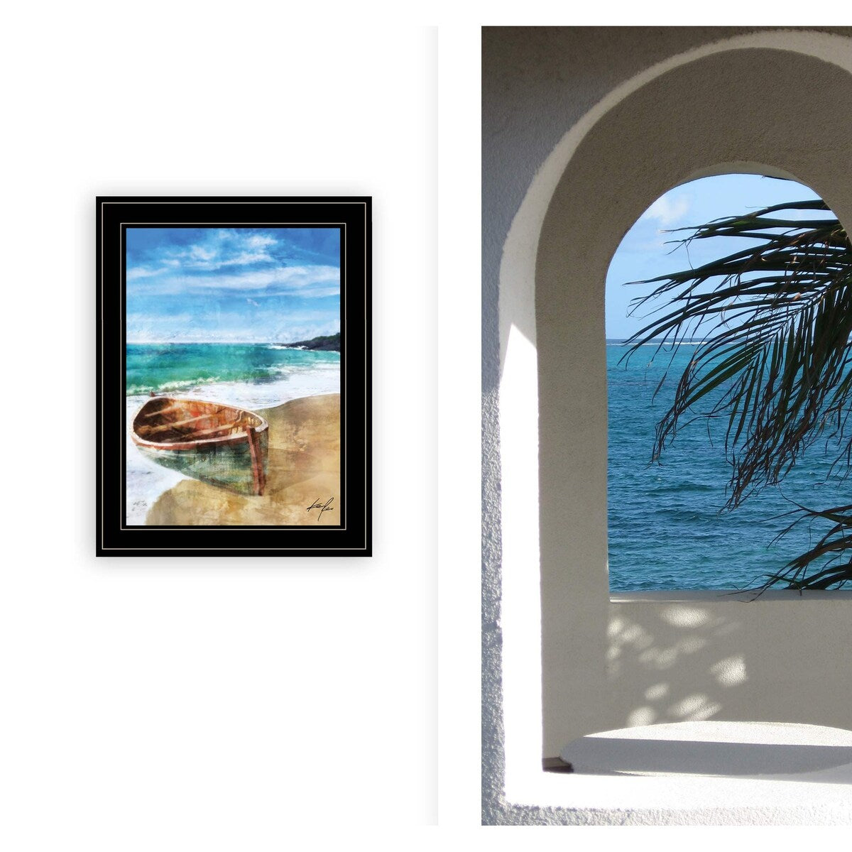 Ken Roko Beach Boat Wall Art - Ready to Hang Framed Print with Black Frame - Perfect for Living Room, Bedroom & Office Decor
