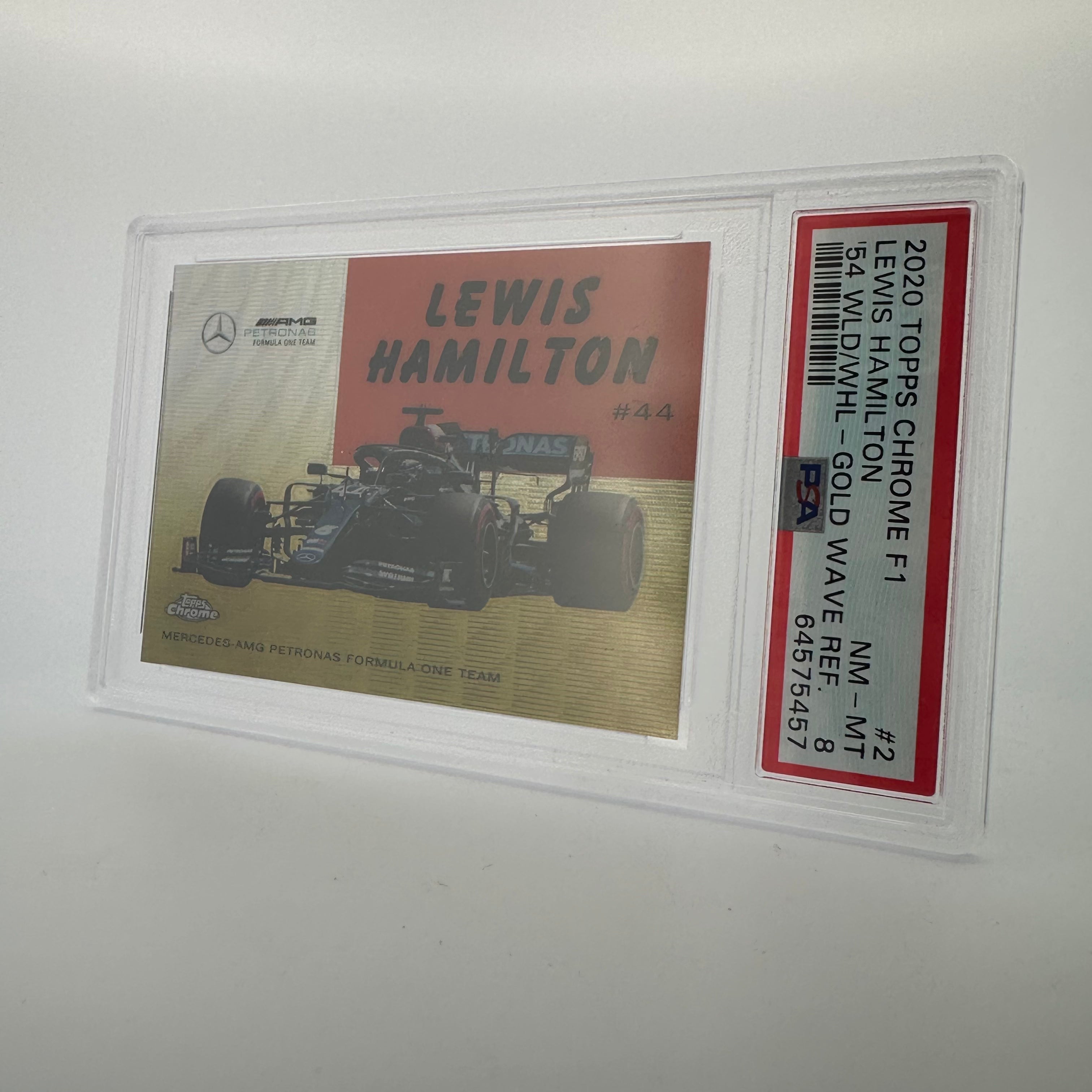PSA 8 Lewis Hamilton 37/50 World On Wheels #54W Gold Wave Refractor - Rare F1 Racing Collectible for Display & Investment