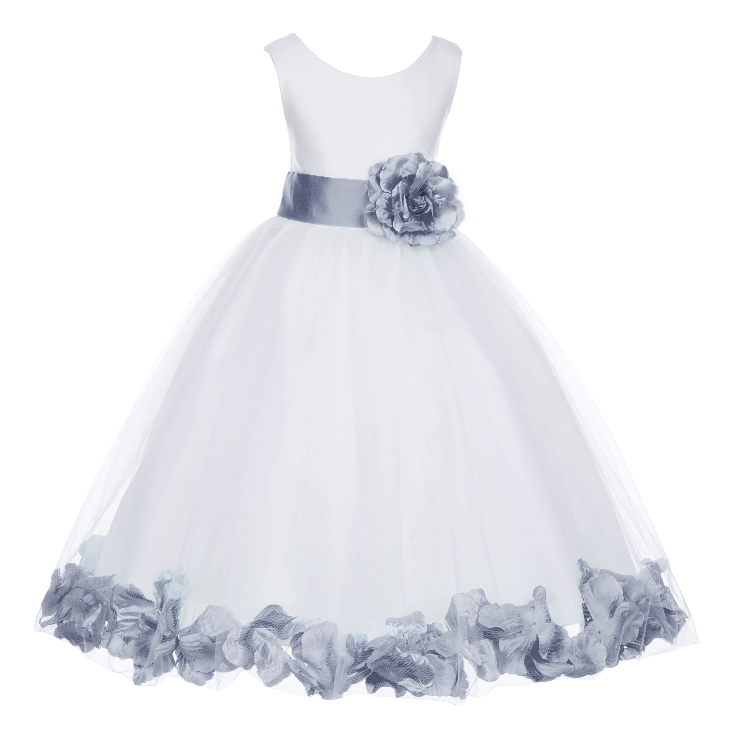 White Tulle Rose Petals Flower Girl Dress - Elegant Christening Gown for Weddings & Baptisms (Style 302T, Size 14) | Perfect for Flower Girls, First Communion & Special Occasions