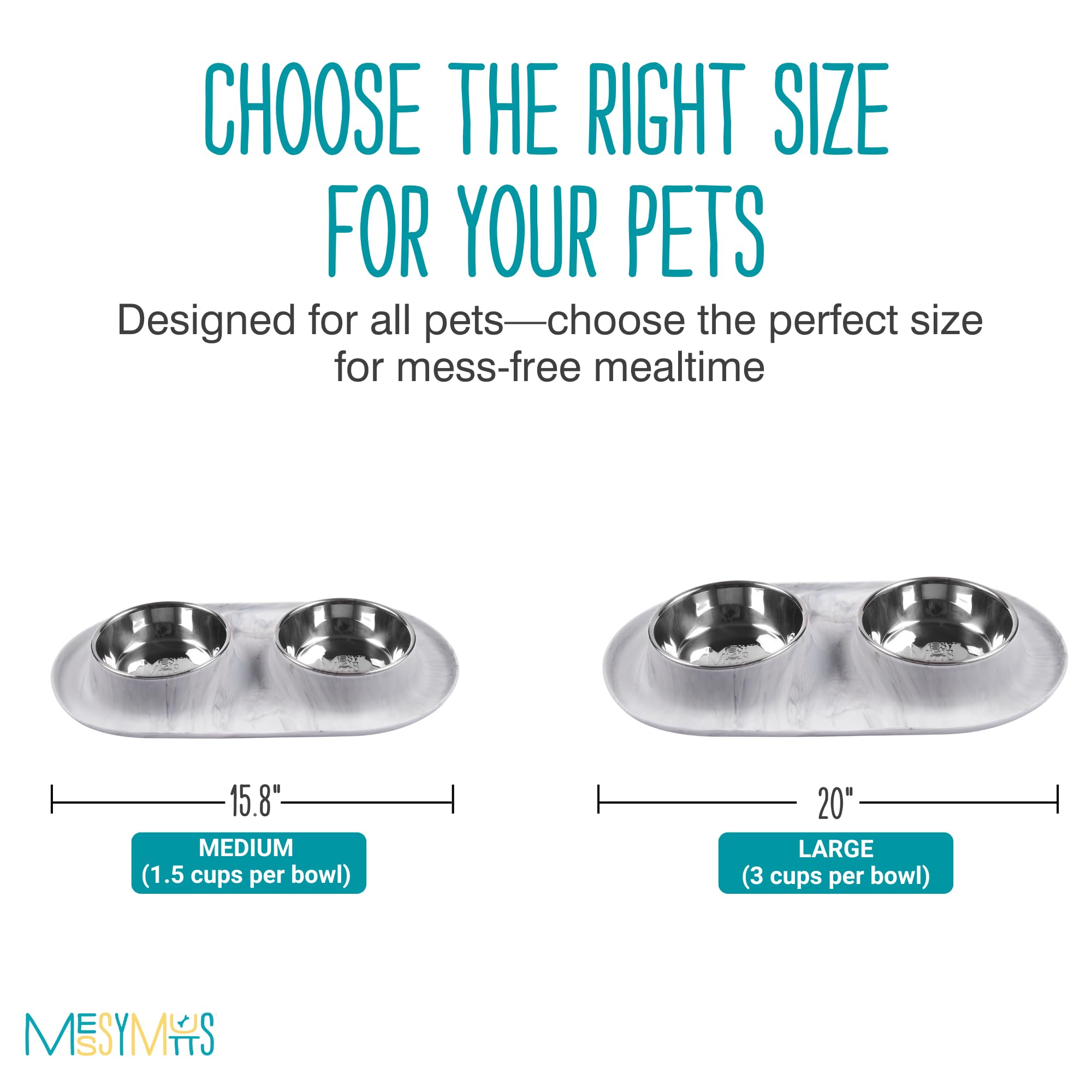 Messy Mutts Double Silicone Dog Feeder with Non-Skid Stainless Steel Bowls - 3 Cups Per Bowl, Large Size for All Pets - Perfect for Mealtime, Travel & Messy Eaters - Marble Design