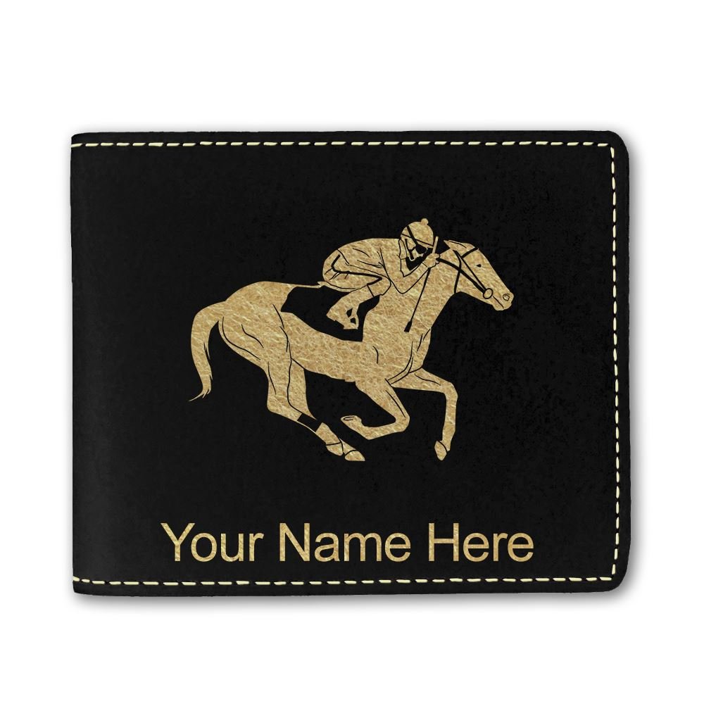 Personalized Faux Leather Wallet with Horse Racing Design - Custom Engraved RFID Blocking Bifold Wallet for Men, Perfect Gift for Racetrack Enthusiasts & Horse Lovers