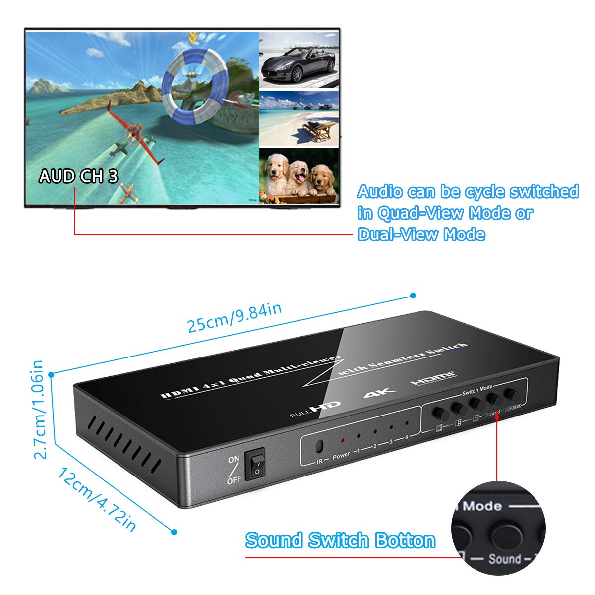 4K 4 in 1 Out HDMI Multi-Viewer - 4K@30Hz 2K@60Hz HDMI Screen Splitter with Audio Switching | 4 Display Modes for Engineers, Conference Rooms, Video Meetings, Security Monitoring & Digital Signage | Perfect for Control Rooms, Trade Shows & Multi-Screen Presentations