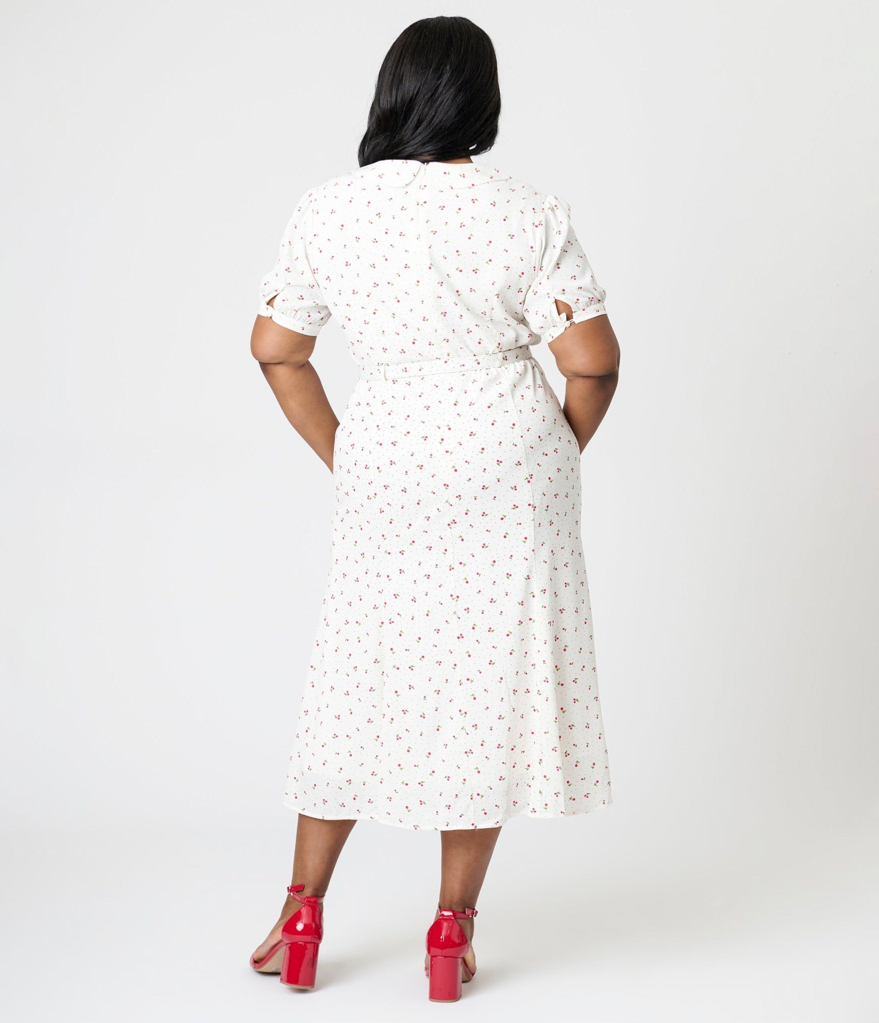 Royal Monk Plus Size White Cherry Lucille Midi Dress - Flowy Summer Dress for Women, Wedding Guest Dress, Church & Garden Party Outfit