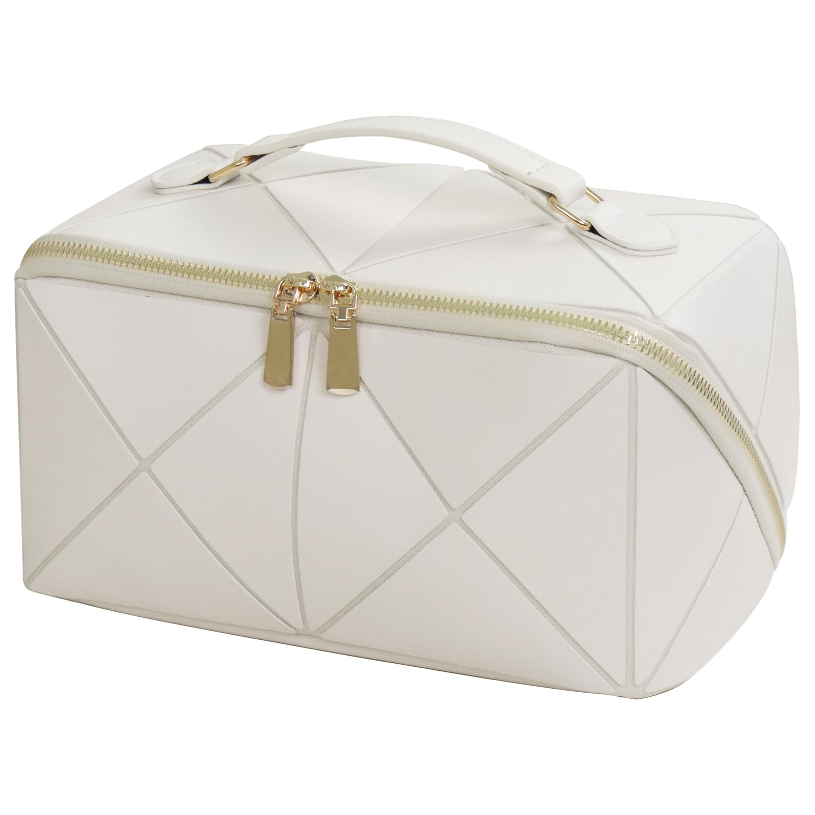 IMCUZUR Large Travel Makeup Bag for Women - Waterproof Cosmetic Organizer with Handle, Portable Flat Open Skincare Case (White) | Perfect for Vacation, Gym & Daily Beauty Essentials Storage