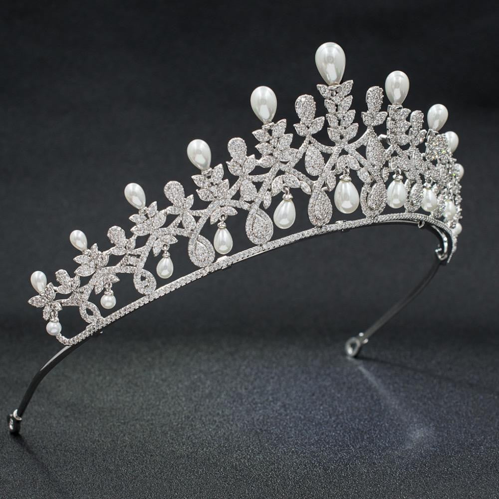 Elegant Cubic Zirconia Wedding Tiara with Pearl Accents - Bridal Hair Jewelry A00017 for Princess-Style Weddings & Formal Events