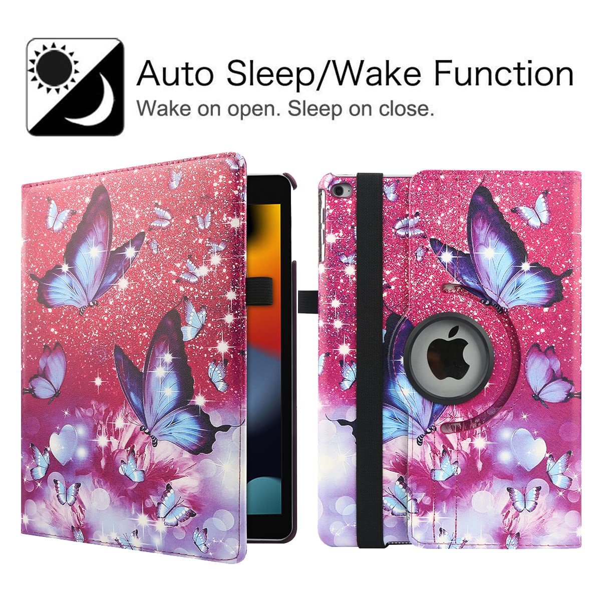 Premium 360° Rotating Multi-Angle Stand Case for iPad 9.7 5th/6th Gen (2017/2018), iPad Air 2 & Air 1 - Auto Sleep/Wake Folio Cover with Butterfly Design (Purple) - Perfect for Work, Study & Entertainment