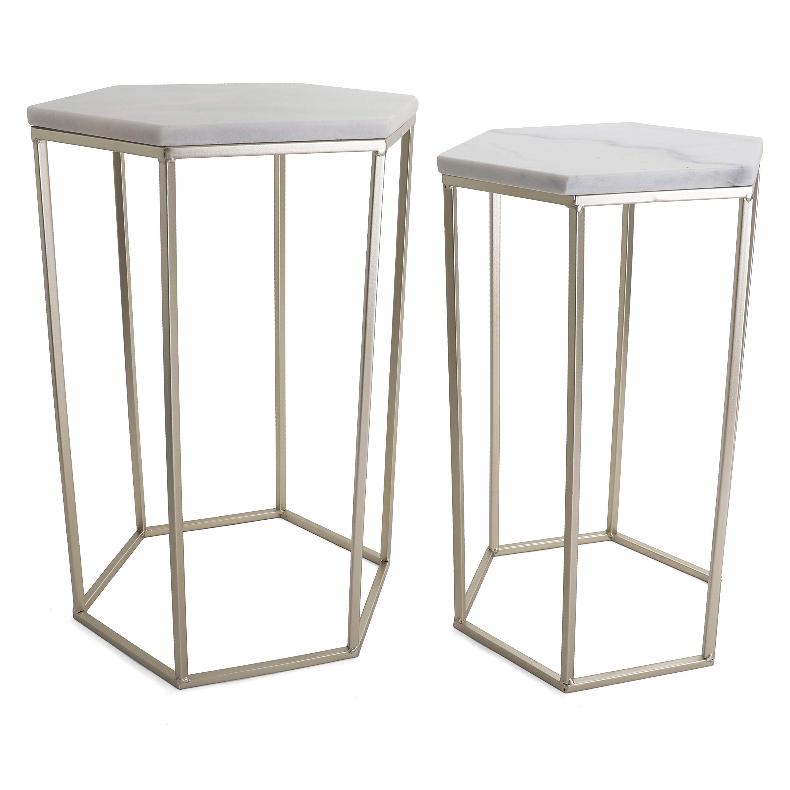 Hexagon End Table Set with Mirrored Tops - Geometric Nesting Accent Tables - Gold Marble Metal Side Tables for Living Room, Bedroom & Office Decor