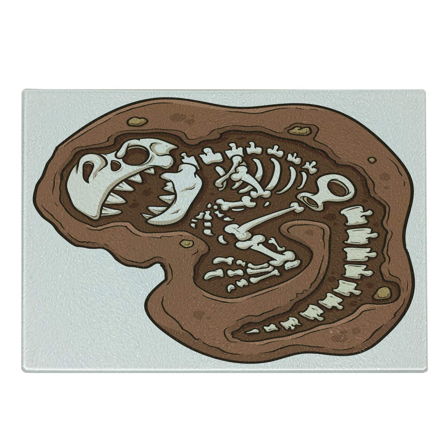 Ambesonne Dinosaur Themed Cutting Board - T-Rex Fossil Design Tempered Glass Serving Board for Kitchen & Dining - Brown & White Decorative Archeology Prehistory Theme - Perfect for Cheese, Charcuterie & Party Platters
