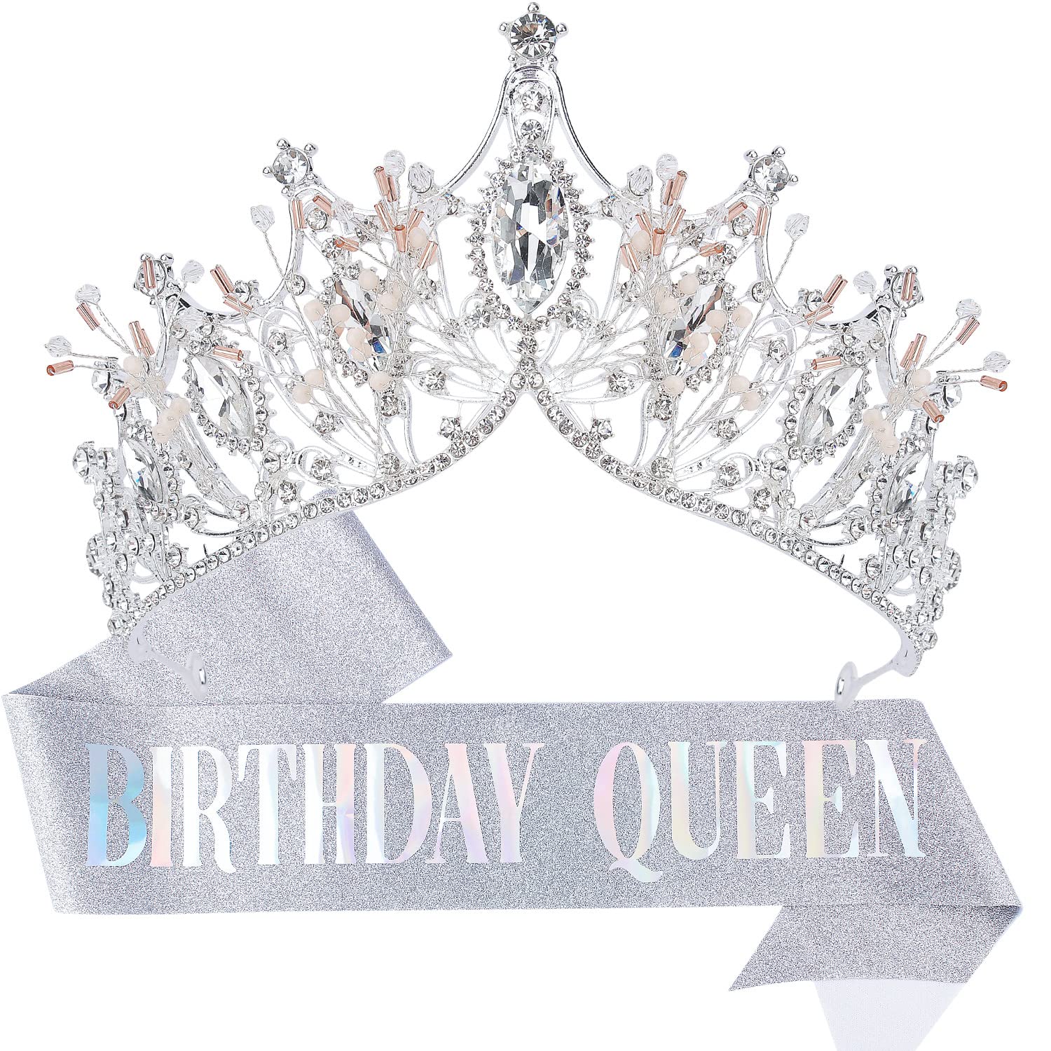 Elegant Silver Birthday Crowns & Tiaras for Women - Queen Birthday Sash Set - Perfect for Birthday Parties, Bachelorette Celebrations & Special Occasions