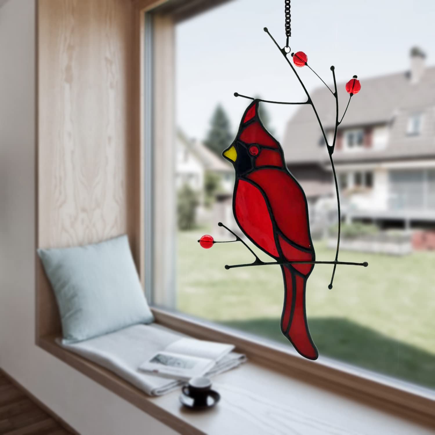 Stained Glass Cardinal Bird Sun Catcher - Handmade Window Hanging Decor for Home, Gift for Mom, Women & Bird Lovers (Red) - Perfect for Living Room Windows, Bedroom Decor & Garden Ornaments