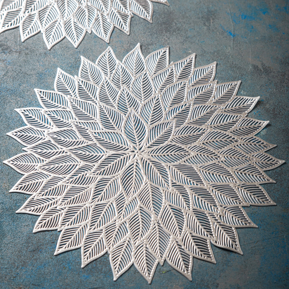 Premium Denarius Silver Flower-Shaped Table Mat Set of 2 - Elegant Dining Table Decor for Parties, Weddings & Home Decor