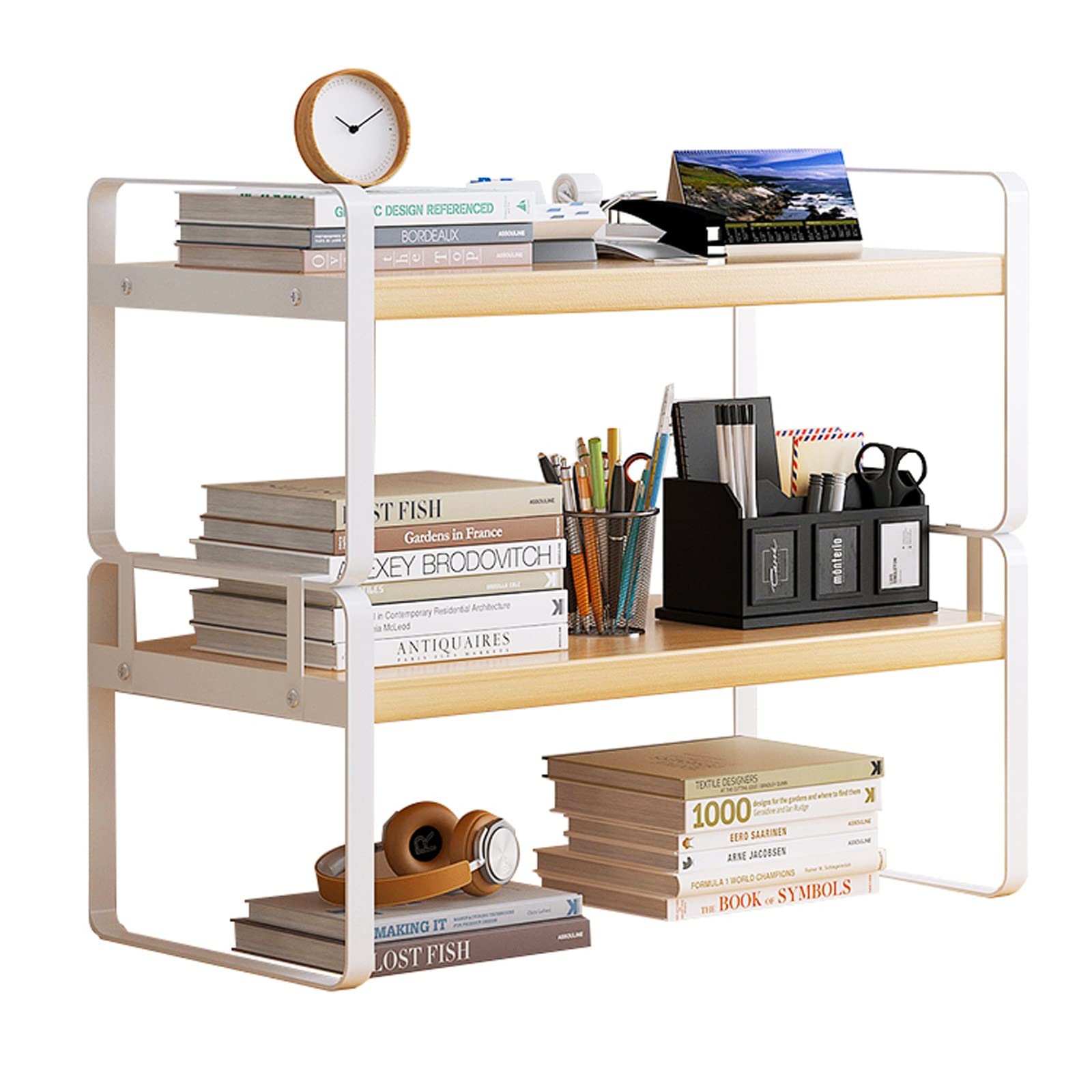2-Tier Metal Bookshelf Organizer - Desktop Storage Shelf for Office Supplies, Books & Decor | Freestanding Countertop Display Rack for Home Office, Study Desk or Retail Store