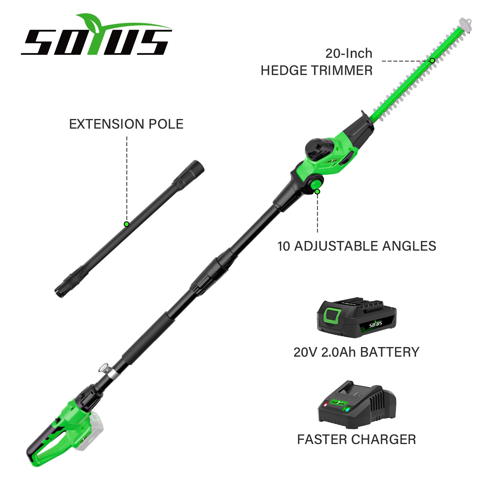 SOYUS 18-Inch Cordless Pole Hedge Trimmer with Extension Pole - 15-Foot Max Reach, Multi-Angle Adjustment, 2.0Ah Battery & Charger Included - Perfect for Tall Hedges, Bushes, and Hard-to-Reach Landscaping Areas