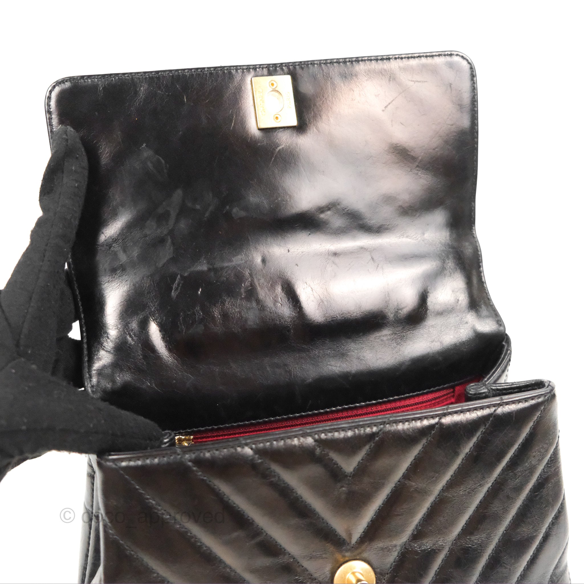 Chanel Chevron Small Coco Handle Bag - Black Shiny Aged Calfskin with Aged Gold Hardware | Luxury Crossbody Purse for Women, Perfect for Evening Parties & Date Nights