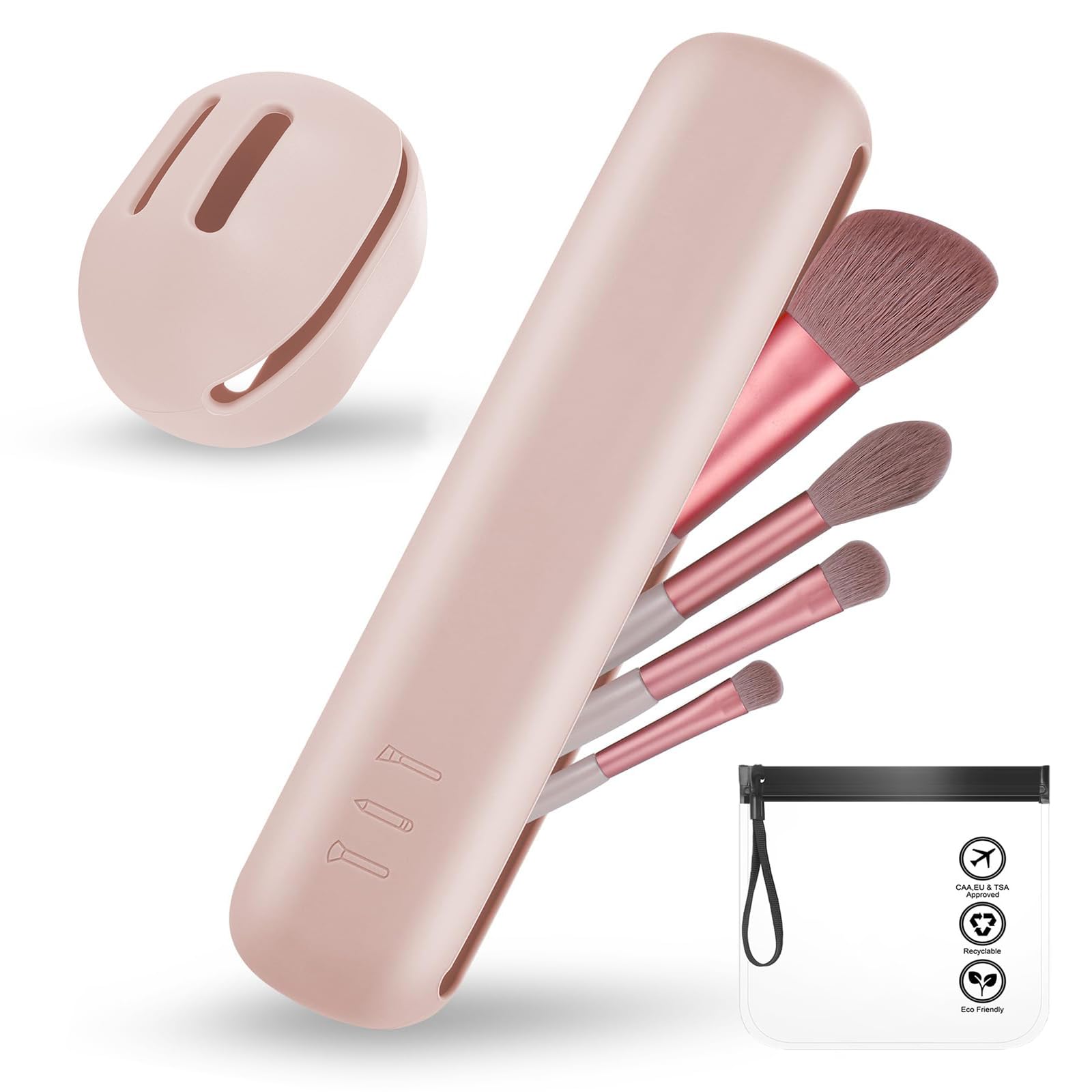 JIZZU 3-Piece Silicone Makeup Brush Holder Set - Travel-Friendly Cosmetic Organizer with Clear TSA-Approved Liquids Bag | Portable Makeup Brush & Sponge Case for Business Trips, Vacations & Daily Use (Pink)