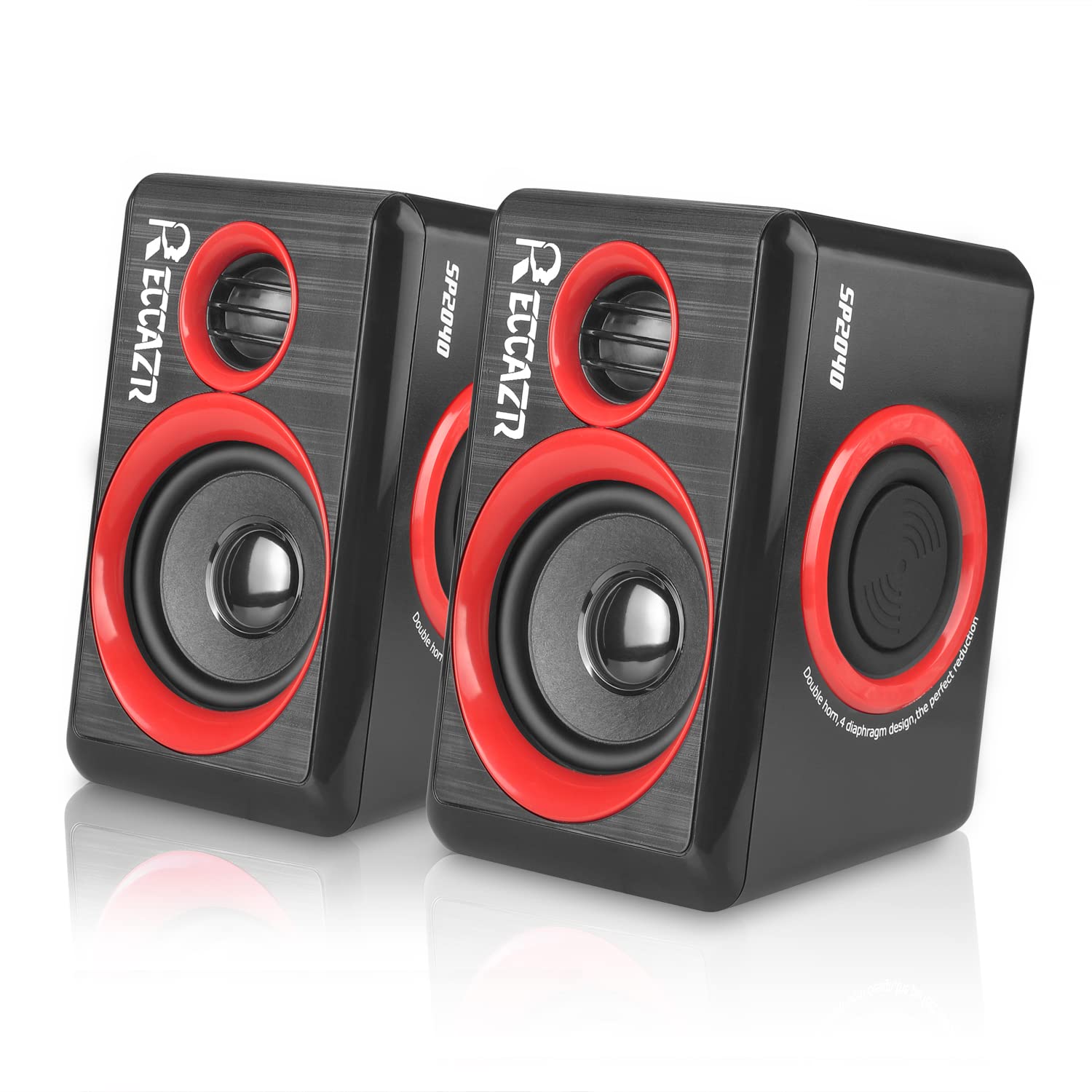 RECCAZR SP2040 USB 2.0 Wired Computer Speakers with Deep Bass - 4 Diaphragm Multimedia Speakers for PC, Laptop, Desktop, TV & Smartphone (Red) | Perfect for Gaming, Home Theater & Music Listening