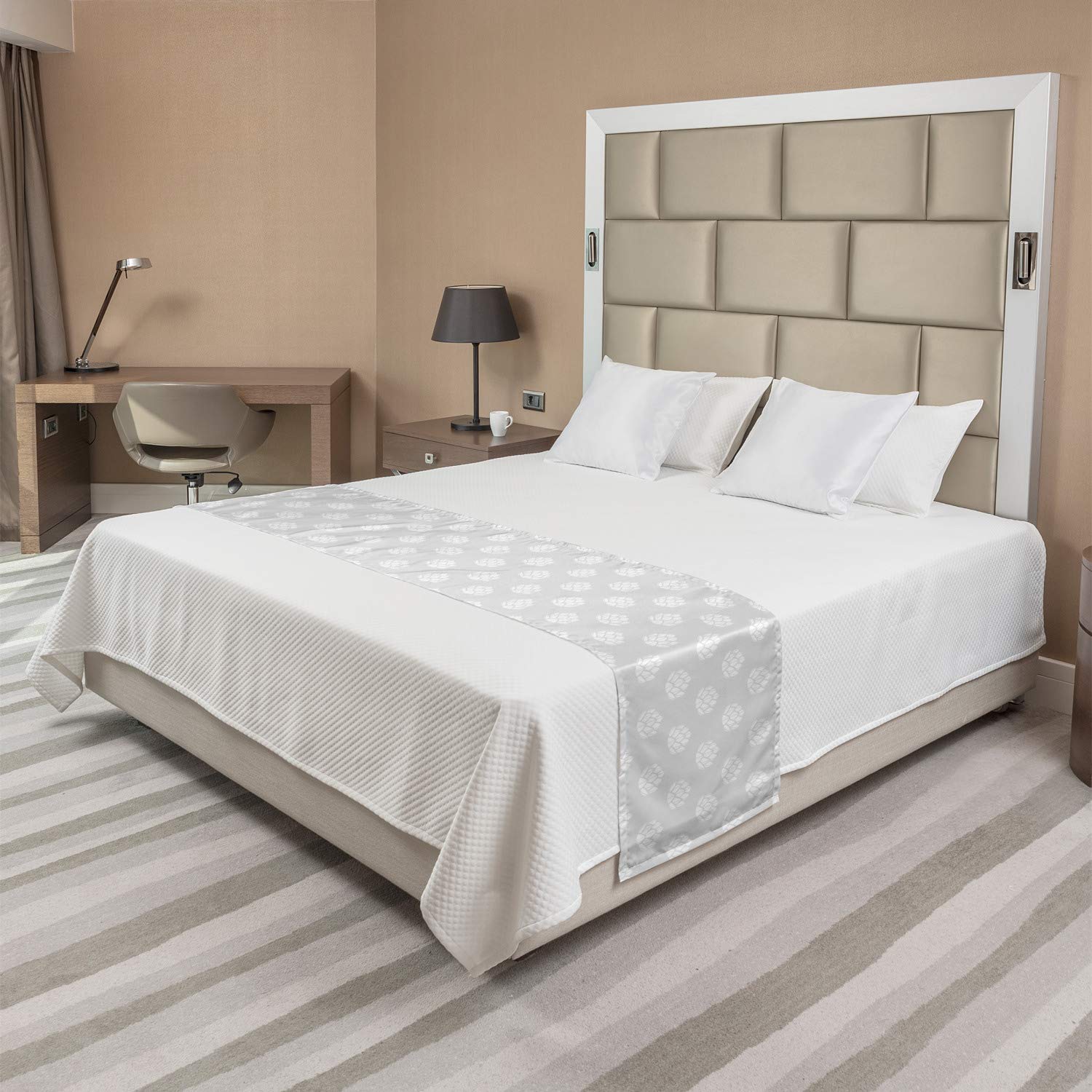 Ambesonne Botanical Bed Runner - Modern White Succulent Silhouette Pattern on Soft Grey Background, Decorative Accent Bedding Scarf for Hotels, Homes & Guest Rooms (Pearl & White) | Perfect for Bedroom Decor, Wedding Gift or Housewarming Present