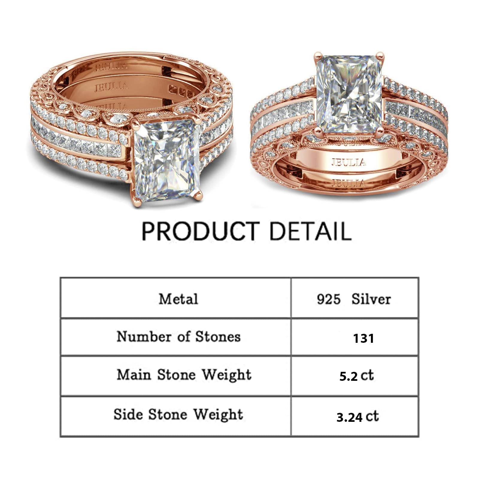 Jeulia 3PC Radiant Cut CZ Diamond Engagement Ring Set - Wedding Promise Anniversary Rings with Side Stones, Romantic Jewelry Gift for Women - Perfect for Proposals, Anniversaries & Special Occasions