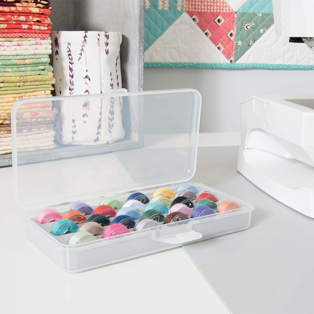 Dritz 28 Bobbin Storage Box - Clear Plastic Organizer for Sewing Threads & Accessories - Perfect for Crafting, Quilting & DIY Sewing Projects