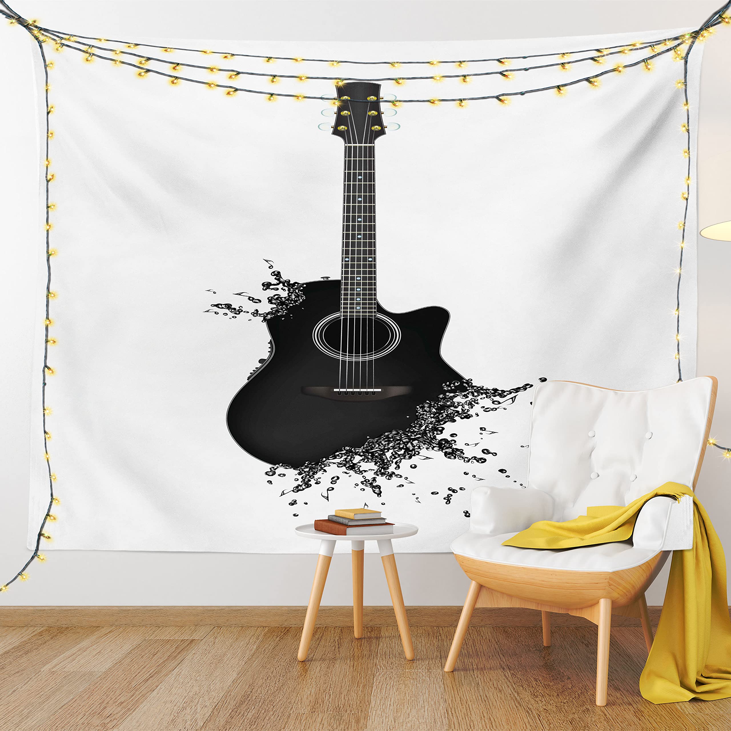 Ambesonne Guitar Wall Tapestry - Black & White Acoustic Guitar Design with String Art & Color Splashes - 80x60 Inch Musical Decor for Bedroom, Living Room, Dorm - Perfect for Music Lovers & Bohemian Room Decor