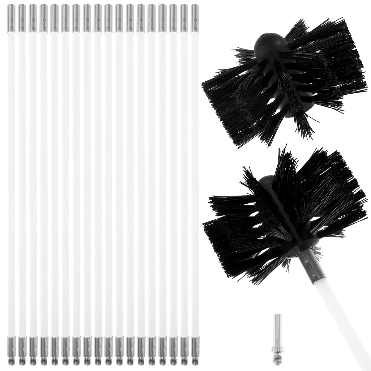 Professional Chimney Sweep Kit with Long Handle & Flexible Rods - Replaceable Nylon Brush Head for Home Indoor Flue, Drainage Pipeline Cleaning - Perfect for Fireplace, Wood Stove & HVAC Maintenance (Black)
