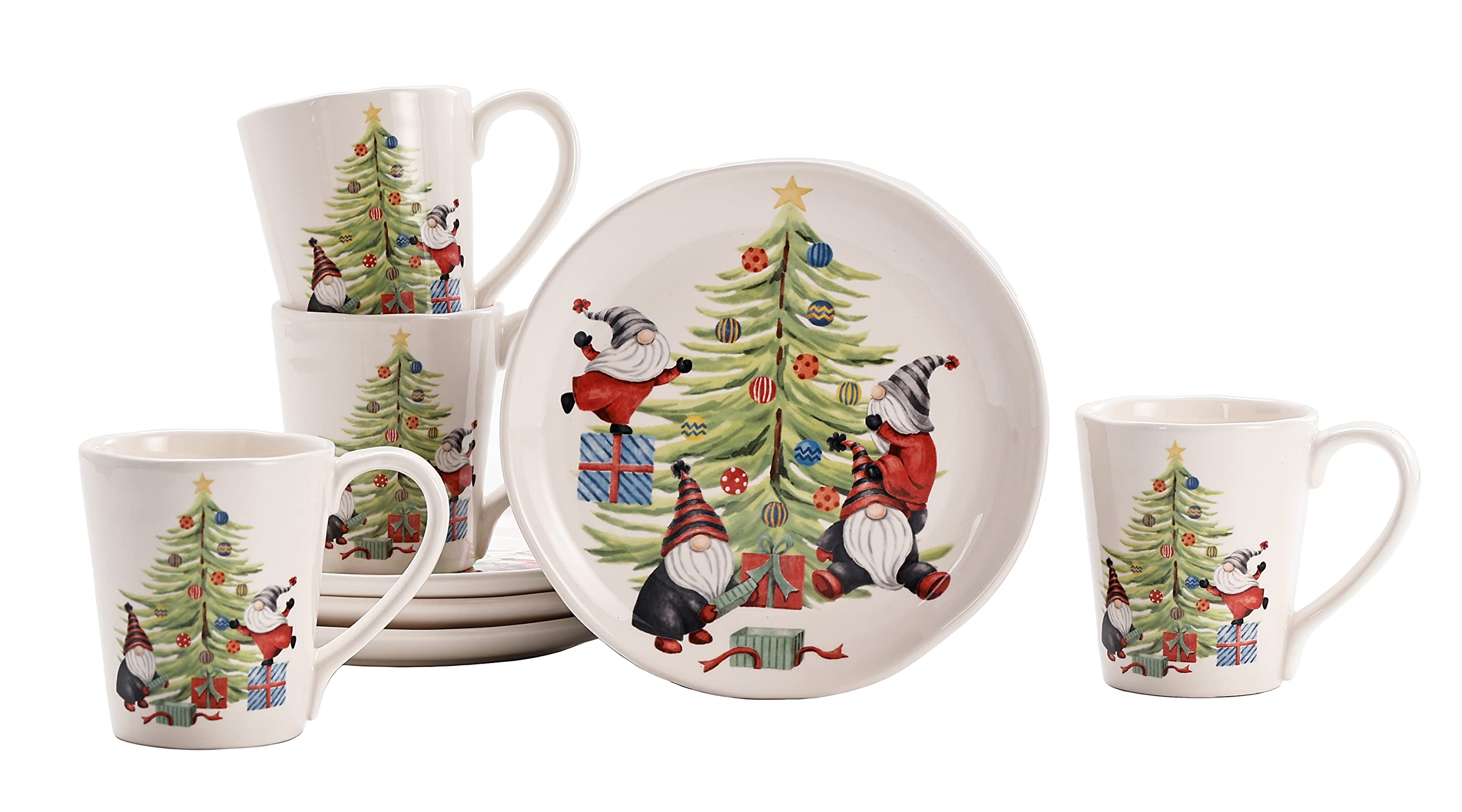 Festive Christmas Gnomes & Tree Ceramic Salad Plates Set of 4 - 8.75 Inch Appetizer Dishes, Microwave & Dishwasher Safe - Perfect for Holiday Parties, Dinner Decor & Gift Giving