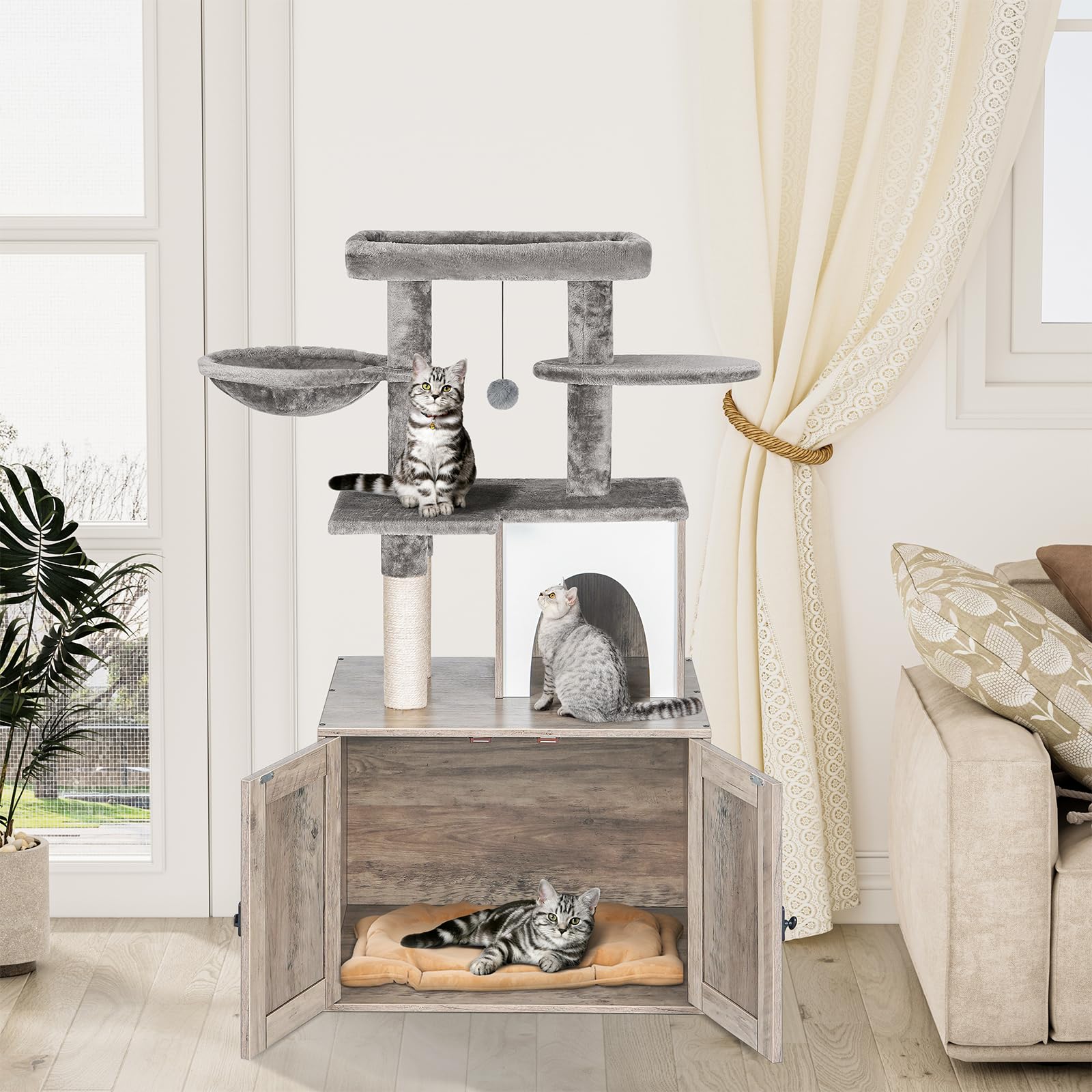 Snughome Wooden Cat Litter Box Enclosure with Tree Tower & Condo - Hidden Washroom Furniture with Sisal Scratching Post, Soft Plush Perch & Multi-Level Platforms - Grey Cat Furniture for Home Decor & Pet Comfort