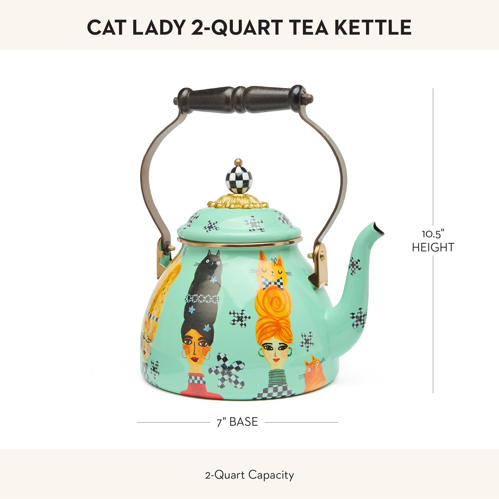 MACKENZIE-CHILDS 2-Quart Enamel Stovetop Tea Kettle - Vintage Style Cat-Themed Teapot for Tea Lovers | Perfect for Home Kitchen, Afternoon Tea Parties & Gift Giving