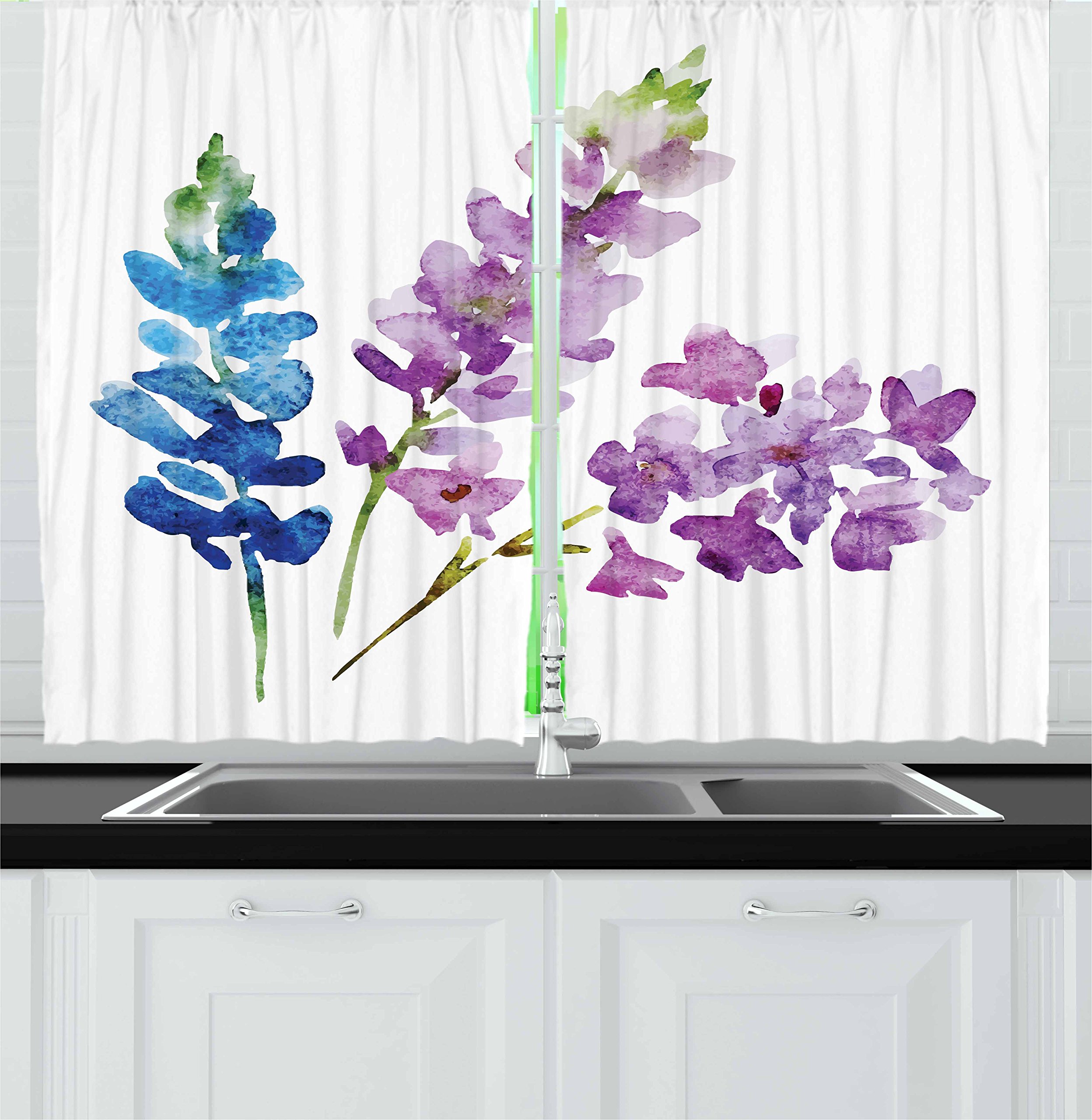 Ambesonne Floral Kitchen Curtains - Watercolor Flower Branches in Spring Lavender & Violet Shades, 2 Panel Set for Window Drapes (55