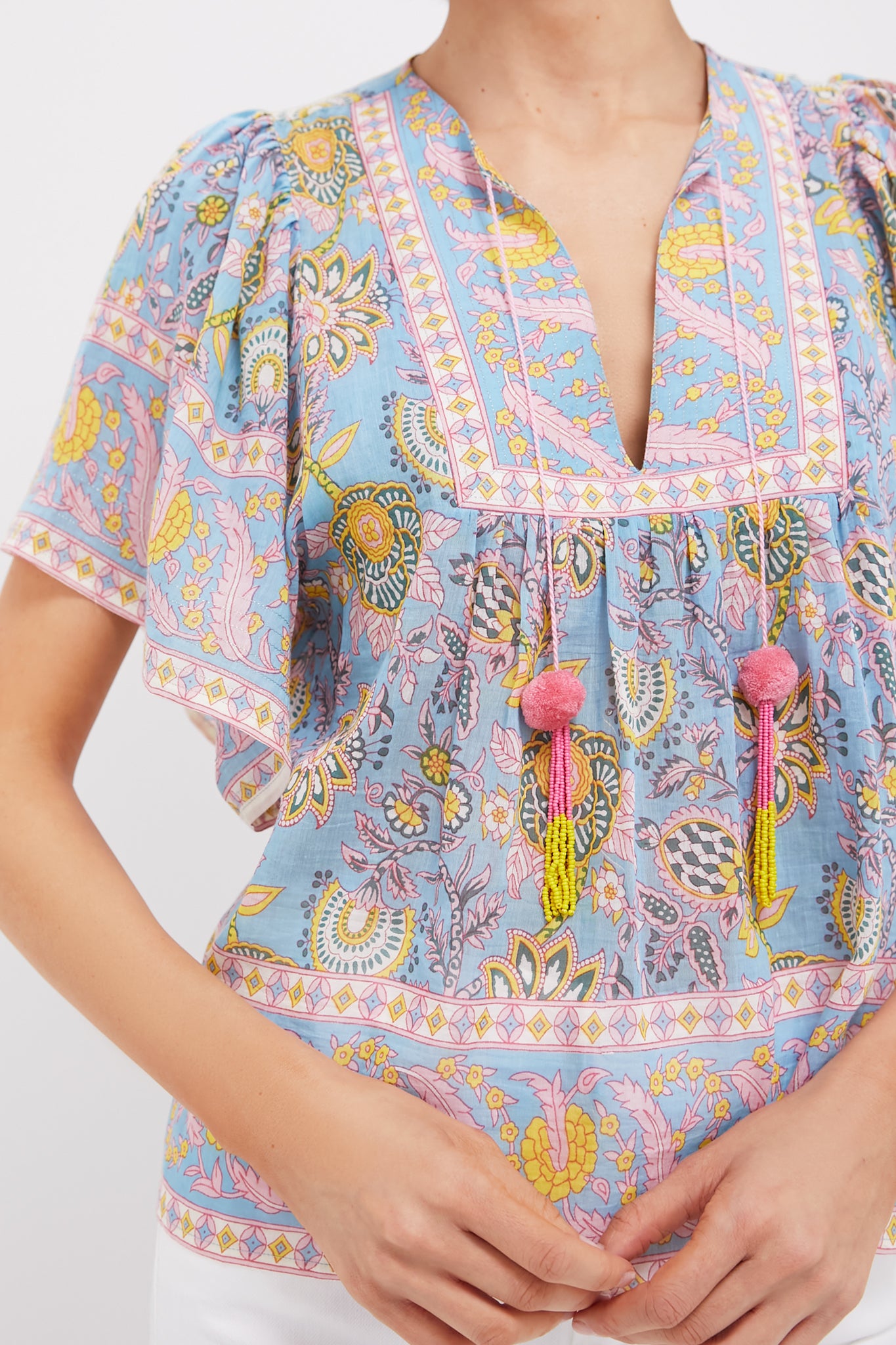 Blue and Yellow Printed Angel Top - Stylish Women's Blouse for Casual Wear, Parties & Special Occasions
