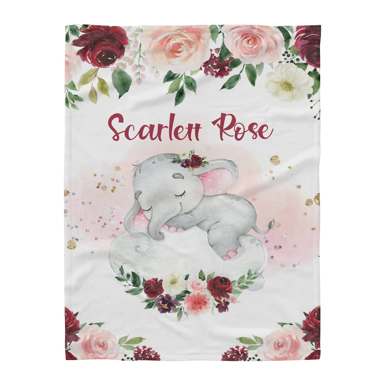 Personalized Elephant Baby Blanket - Soft Fleece Blush Burgundy Floral Nursery Throw with Custom Name, 30x40 Inches - Perfect for Newborn Girls, Baby Showers & Birthday Gifts